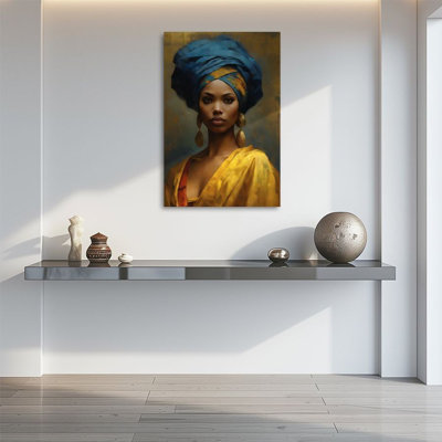 1 pièce d'art mural sur toile, portrait de femme africaine, foulard bleu et tenue dorée, affiche de peinture à l'huile réaliste encadrée de 24 po x 36 po, cadeau idéal pour la chambre à coucher, le couloir, le dortoir, prêt à accrocher