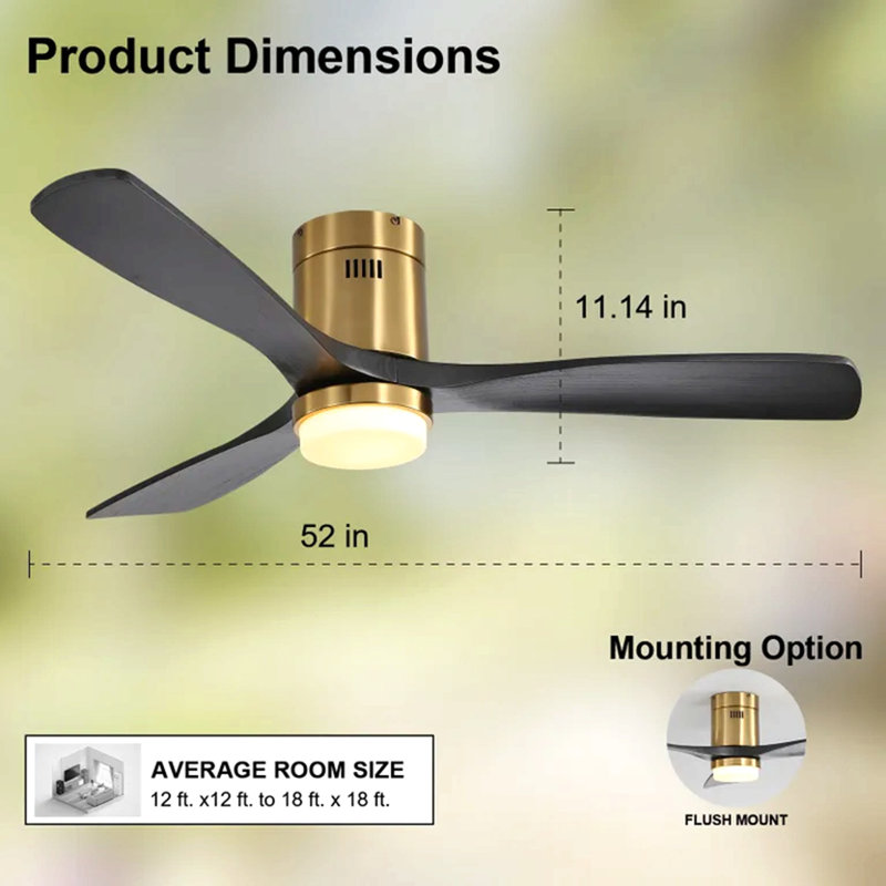 52 Inch Low Profile Ceiling Fan With Remote Control 3 Solid Wood Blades,52 Inches Suitable For Indoor And Outdoor, Gold