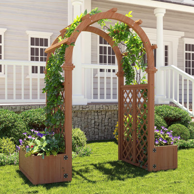 Natural Wood Garden Arbor with Swing & Planters - Outdoor Arch Trellis for Vines, Wedding Backdrop & Backyard Decor