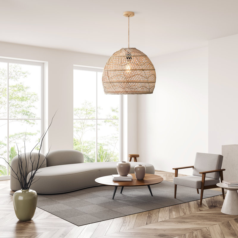 Arjona Rattan Pendant Light - Natural Dome 1-Light Polished Handwoven Adjustable Light Fixture For Kitchen, Dining Room or Living Room in Modern, Country, Farmhouse & Boho Style