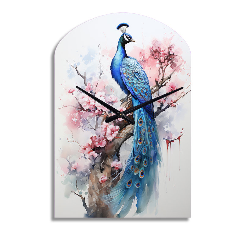 «Blue Pink Peacock Watercolor I - Peacock», horloge murale asymétrique, Médium