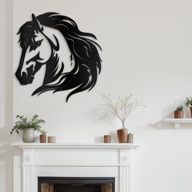 Cheval animaux, sculpture murale abstraite moderne minimaliste, décoration murale en métal noir, Noir