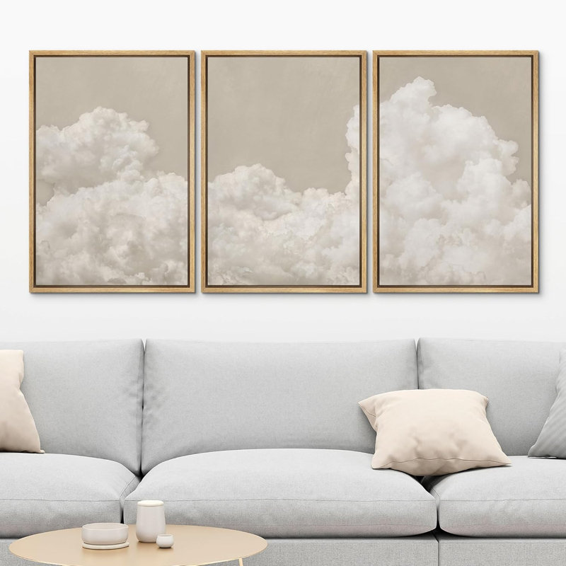 " Muted Serene Sky Filled With Fluffy Clouds Illustrations Neutral Art Decor Chic Living Room " 3 - Pieces, 36" H x 24" W