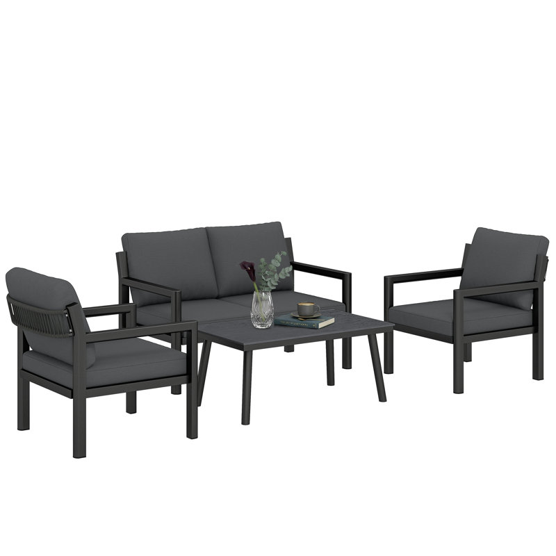 Outsunny 4 Seater Rattan Garden Furniture Set with Cushions, Grey Cushion/Black Frame
