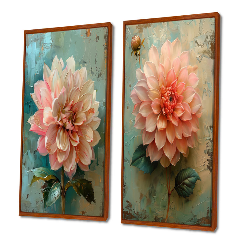 Ensemble de 2 pièces dahlia collage rose et bleu rétro Dahlia, H 32 po x l 32 po, Cadre flottant brun