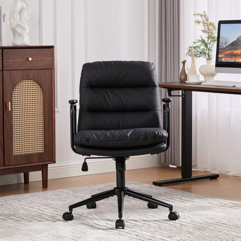 Chaise de bureau avec dossier inclinable de 40 po, dossier moyen et rembourré, roulettes, similicuir ergonomique, pivotant sur 360 °, hauteur réglable, coussin à double éponge, noir, pour coiffeuse de maquillage