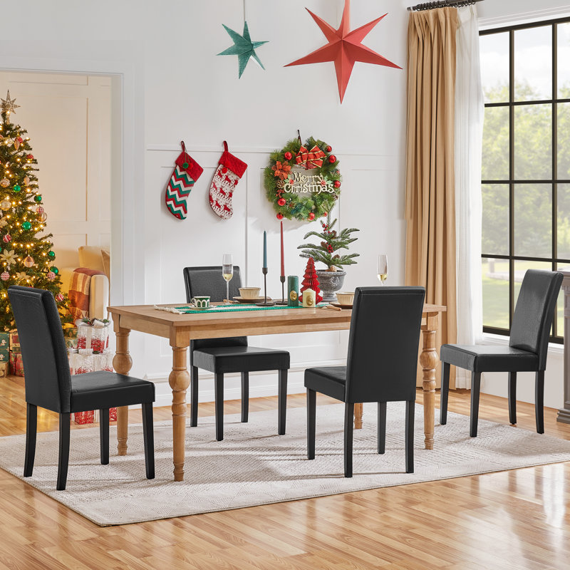 4PCS Faux Leather Dining Room Chairs High Back Padded Rubberwood Legs, Black