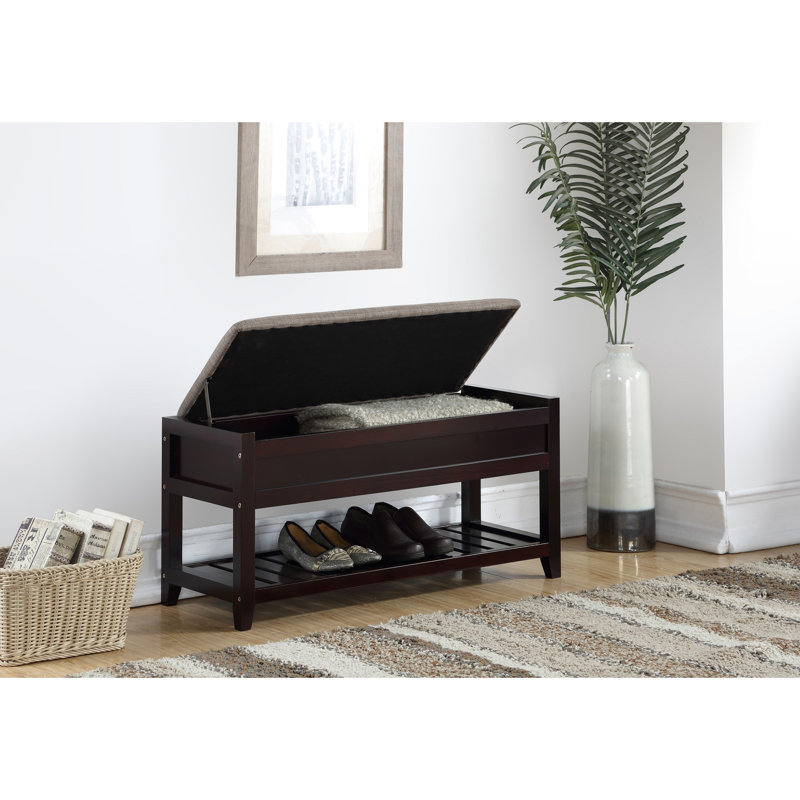 Shoe Storage And Seating Unit - Gray Fabric Padded Seat, Concealed Space, Wood -Colored Bench With Container Comfortable Upholstery, Hidden Compartment, Extra Shelf, Construction