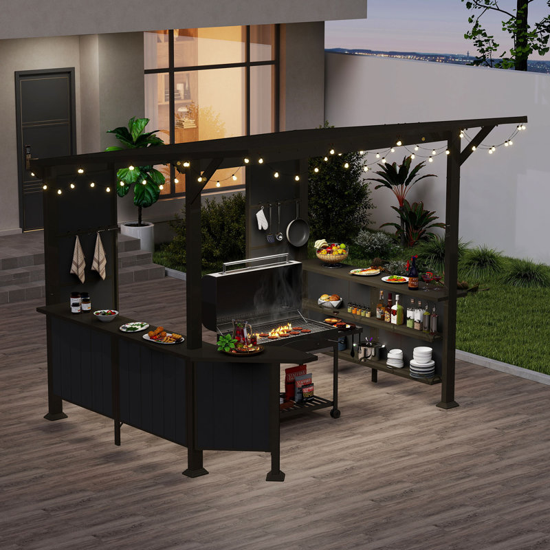 Pavillon de jardin en fer 9 x 10 pi avec comptoir allongé et toit incliné, Brun