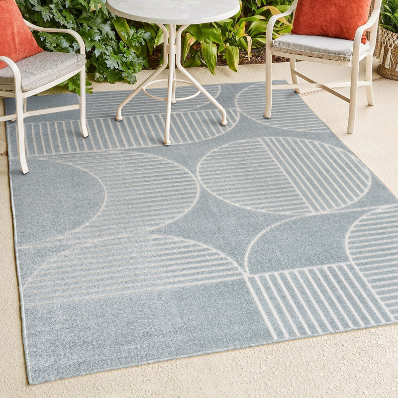 Anaelisa High-Low Geometric Arch Scandi Striped Light Blue/Cream Indoor/Outdoor Rug, Rectangle 5'3" x 7'7"