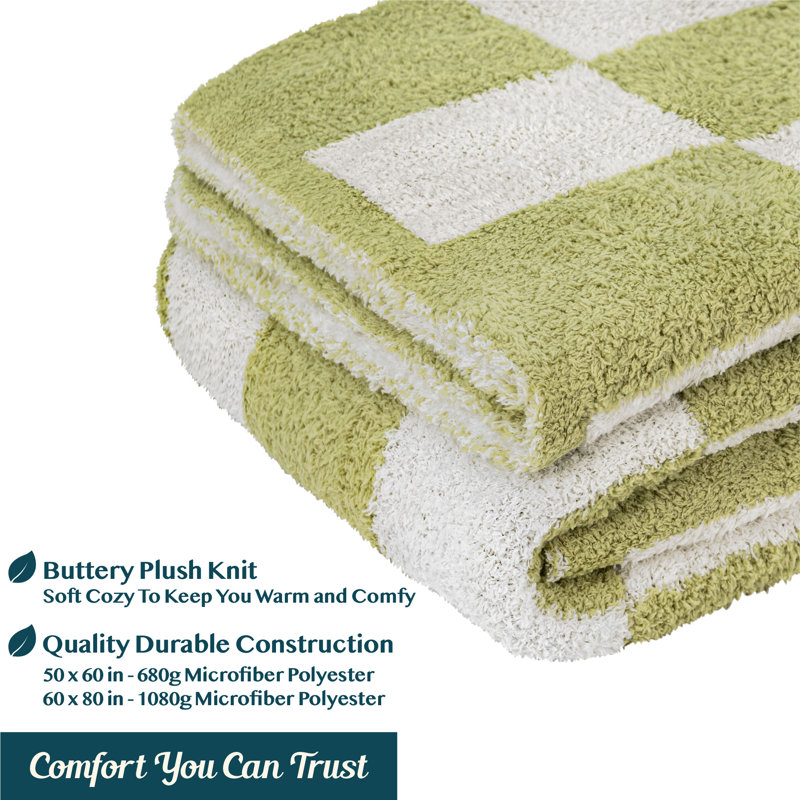Sage Green and White Checkered Fleece Throw Blanket