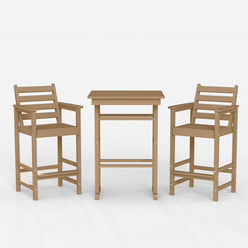 All Weather HDPE Bar Height Outdoor Table and Chairs Set for Bistro Patio Balcony, Brown, Yes 