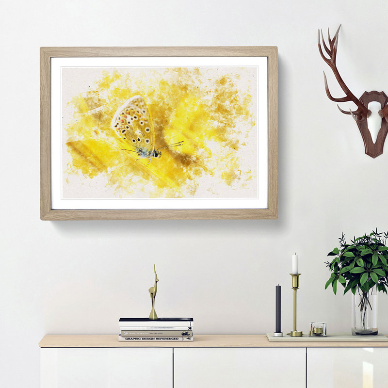 Yellow Butterfly Watercolour - Picture Frame Graphic Art, 45cm H x 63cm W x 2cm D, Oak