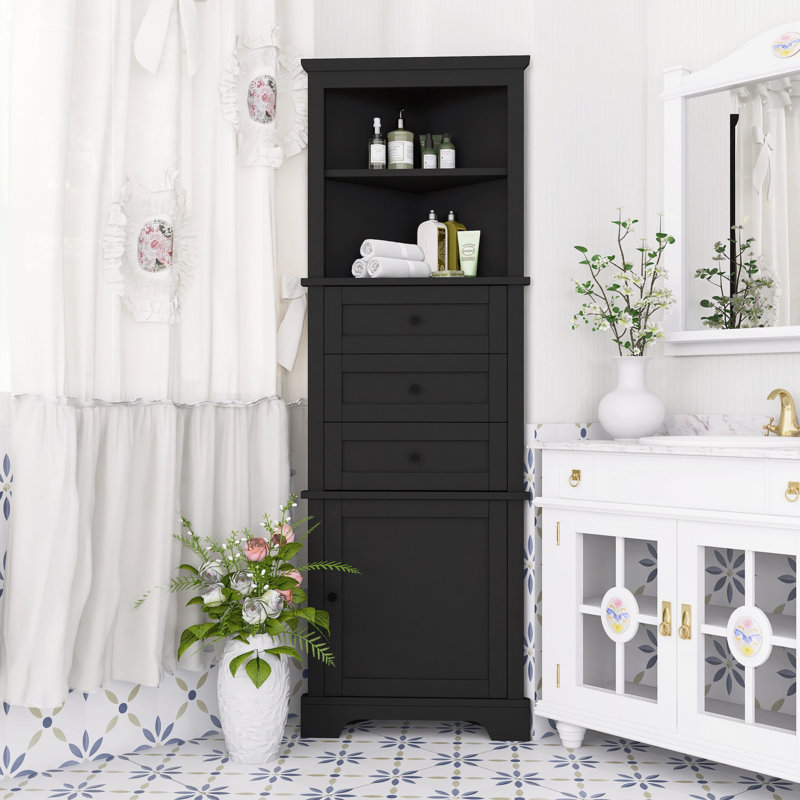 3-Drawer Triangle Tall Cabinet With Adjustable Shelves For Home, Black