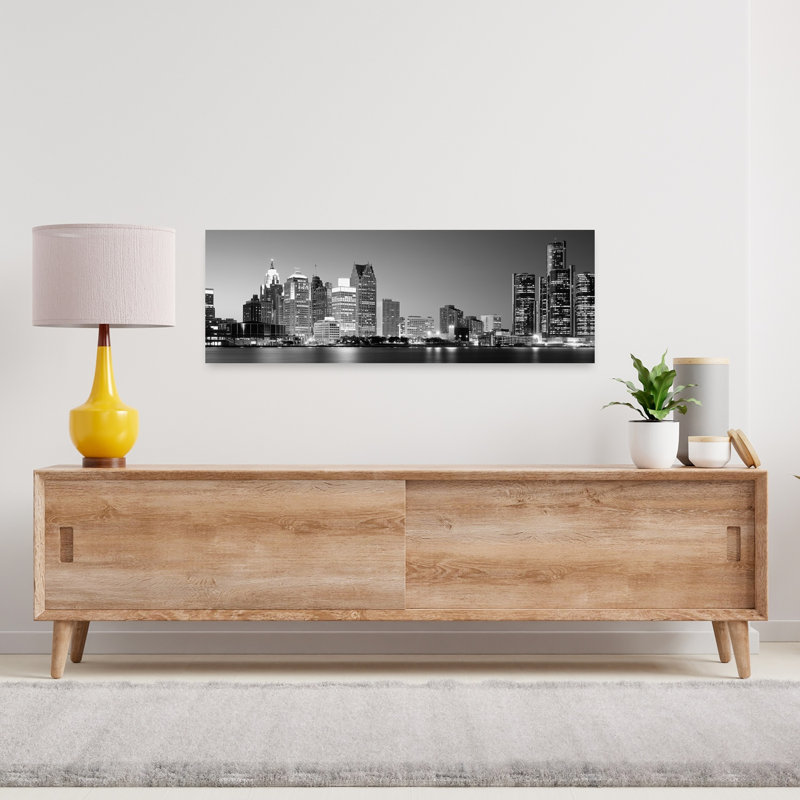 City at the waterfront Lake Erie Detroit Wayne County Michigan USA 1 Piece Wrapped Canvas Panoramic Wall Art