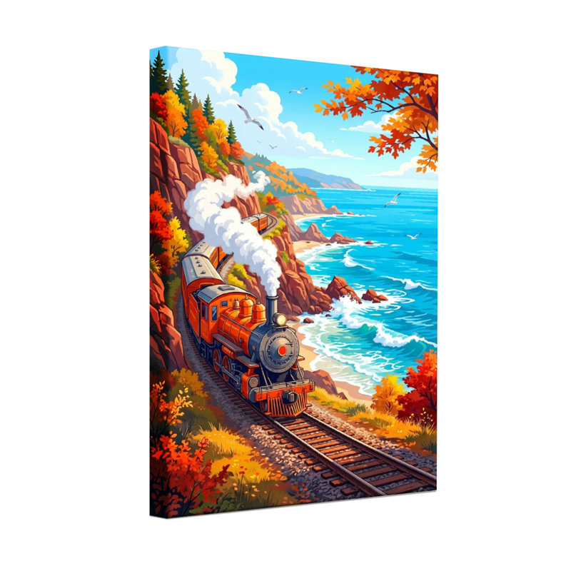 Paysage d'automne côtier avec train à vapeur, H 12 po x l 18 po, Toile tendue sur cadre, Ne s’applique pas