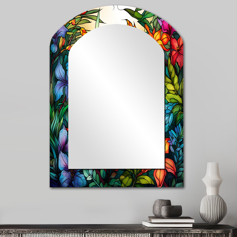 Vibrantly Happy Blossoming Tropical Flowers IV - Flowers Asymmetrical Unique Wall Mirror, Traditional Arch Mirror, Printed Metal Art