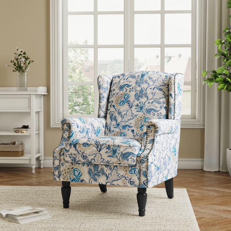 Duward Boho Blue Floral Upholstered Wingback Accent Chair with Nailhead Trim, Boho Blue 