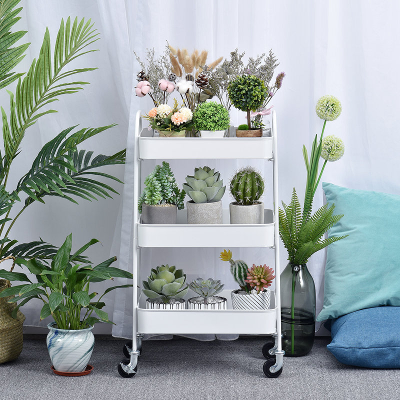 Metal Utility Cart, 3 Tier Rolling Cart With Lockable Wheels, White