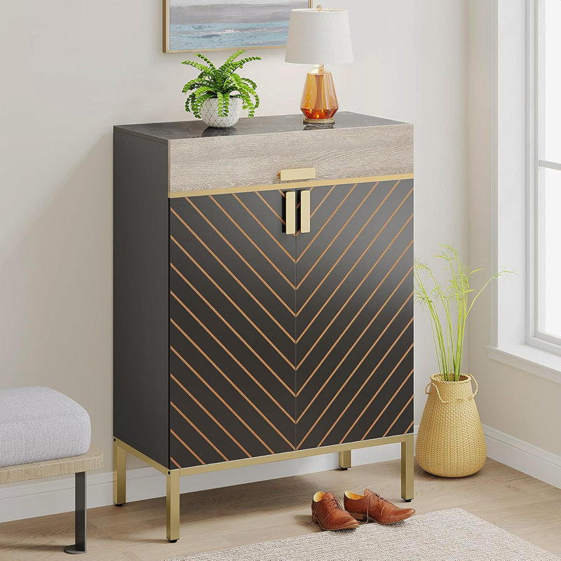 Armoire de rangement pour chaussures 31,49 po à 4 niveaux en bois gris et or avec portes