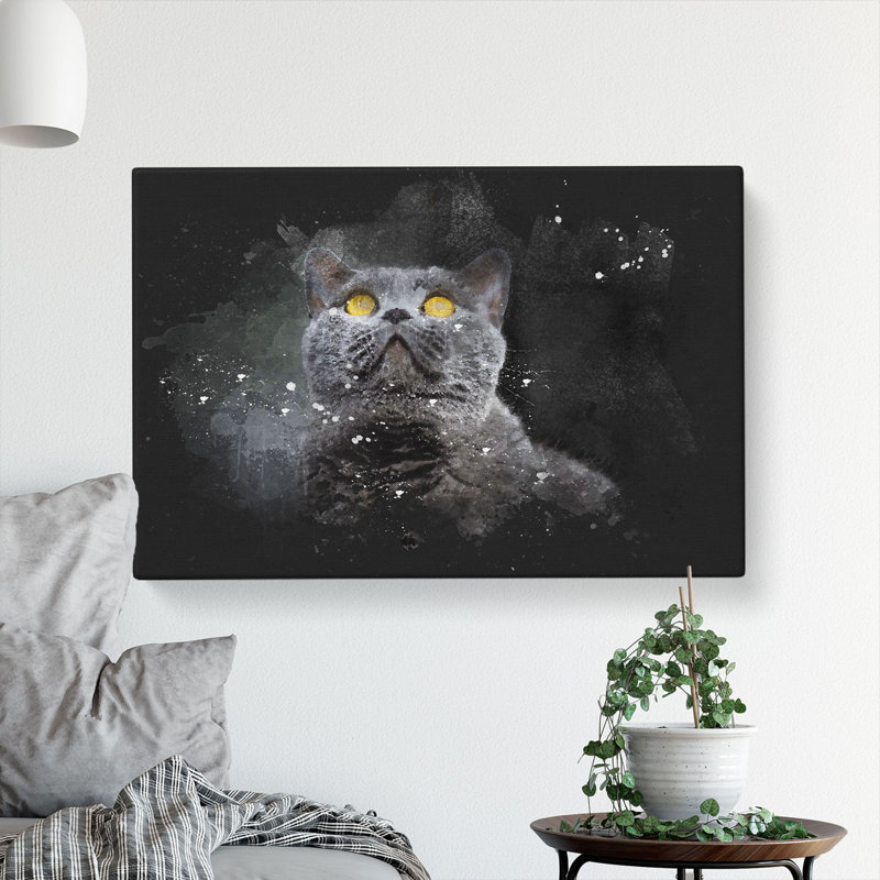 British Shorthair Cat in the Shadows - Wrapped Canvas, 40cm H x 60cm W x 3cm D