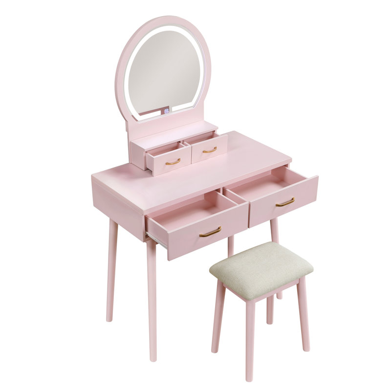 Coiffeuse rose avec miroir, tabouret et tiroirs organisés, Rose