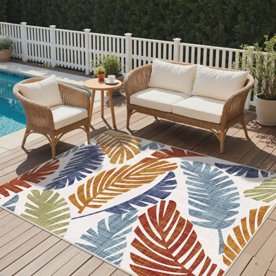 Tropical Palm Leaf Outdoor Waterproof Area Rug, Stain-Resistant & Non-Slip for Poolside & Deck