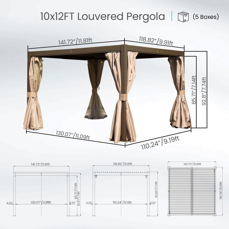 10X12 FT Outdoor Louvered Pergola With Adjustable Louvers-Brown, 92.8" H x 141.72" W x 118.82" D, Brown