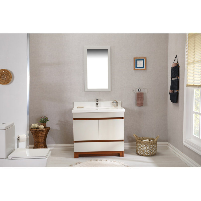 Ensemble de meuble-lavabo simple 35,4 po avec miroir Lambard, Noyer / Blanc