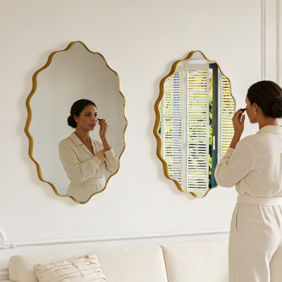 22" x 30" Scalloped Oval Wall Mirror, Decorative Bathroom Vanity Mirror with Gold Metal Frame, Modern Accent Mirror for Entryway, Bedroom