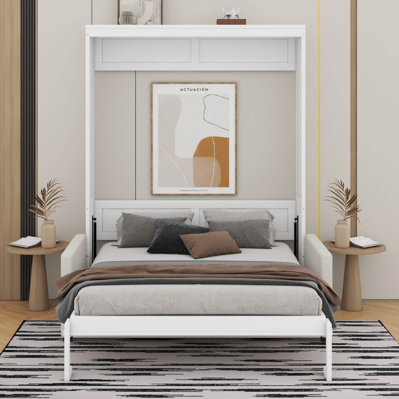 Lit escamotable double pleine grandeur avec coussin, Lit double, Blanc