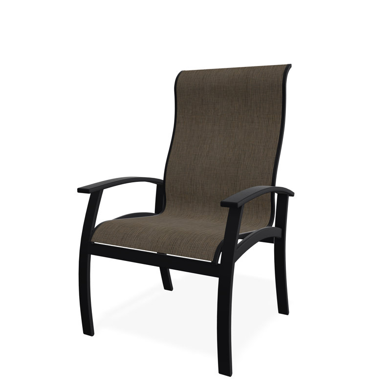 Belle Isle Sling Aluminum Frame Dining Height Supreme Arm Chair with Marine Grade Polymer Arm Accent, Black, Kora