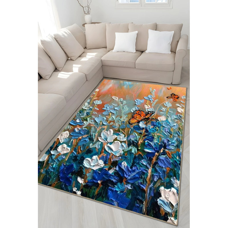 Pastel Blue Orange Themed Grass Flower And Butterfly Patterned Modern Decorative Carpet, Runner 3'4" x 9'11"