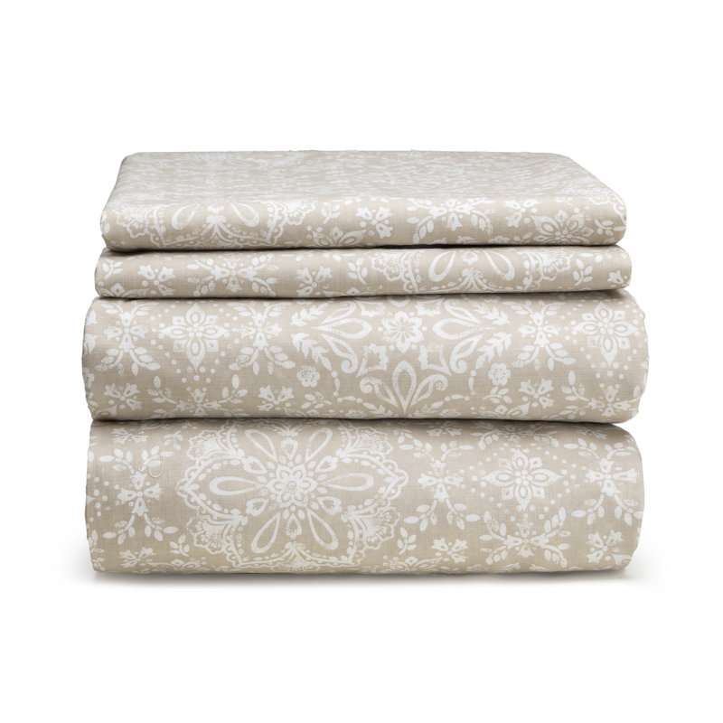 Vintage Floral Damask Linen Print,100% Cotton Sheet Set, Queen Fitted Sheet with 2 Pillowcases, Linen