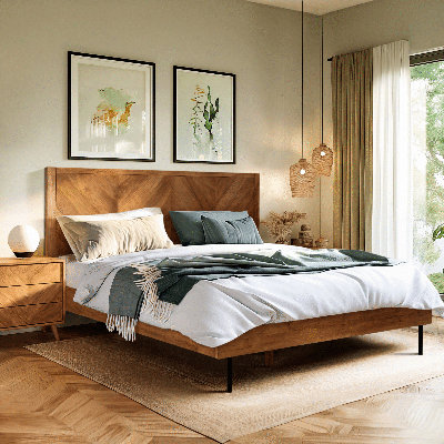 Cadre de lit Queen en bois massif avec tête de lit plateforme, motif artisanal, finition caramel