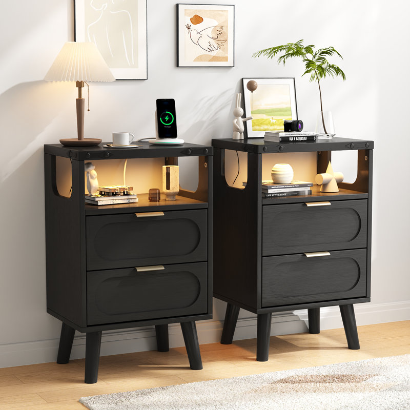 Lumina 15.7'' W Nightstand With Built-In Outlets & Open Shelve-Beside Table With Rgb Led Lights, Set of 2, Black