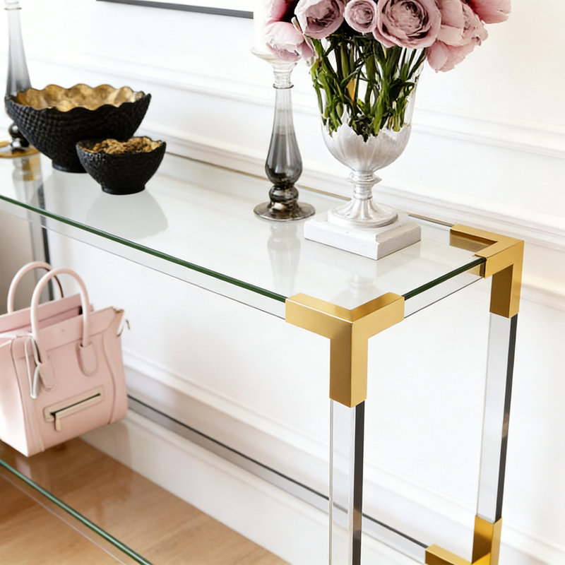 Console moderne en verre acrylique, H 31,5 po x l 31,5 po x P 13,78 po, Transparent / Doré