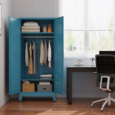 71-inch metal wardrobe, closet with hanging rods for clothes, double doors with two adjustable shelves, bedroom wardrobe, laundry room cabinet, wardro by Wrought Studio