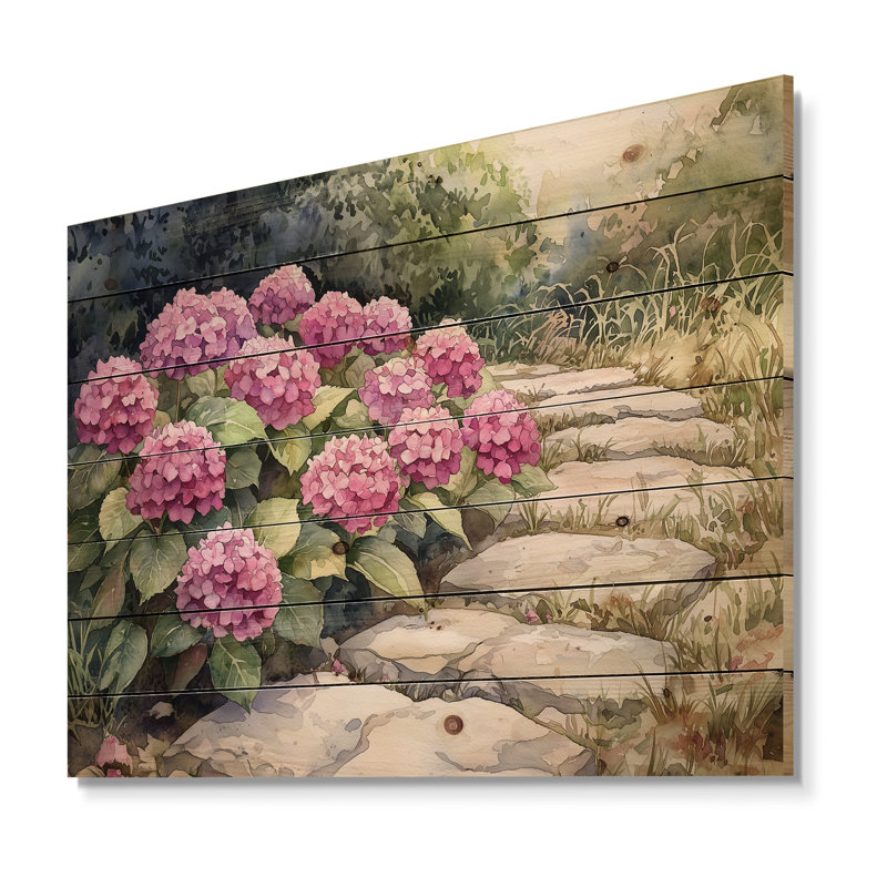 Hortensias par le chemin de pierre III - décoration murale en bois d'hortensias - sur bois de pin naturel, H 10 po x l 20 po