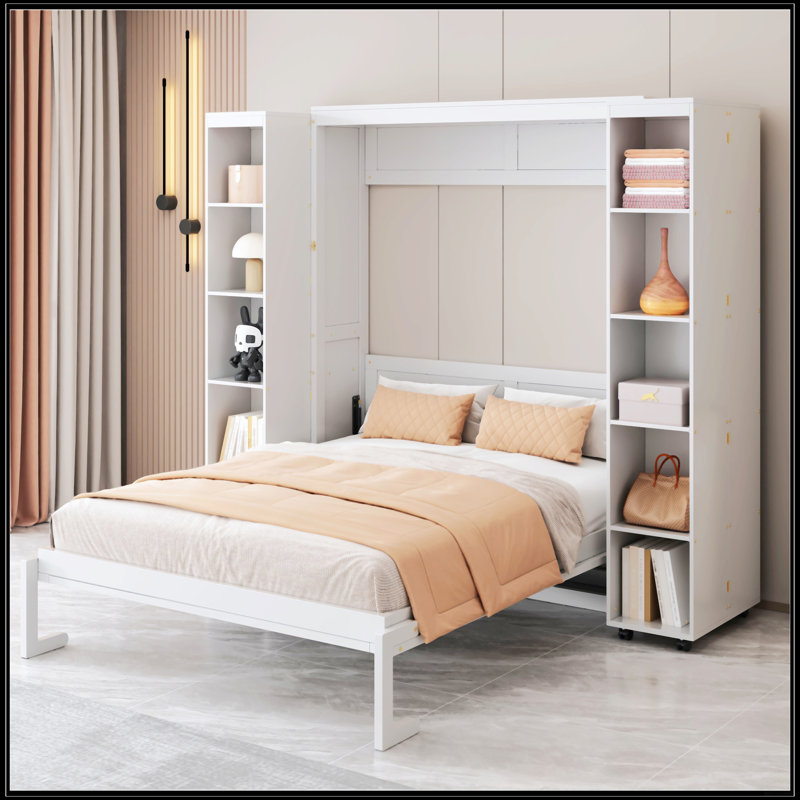 Grand lit escamotable avec portes de rangement, Blanc