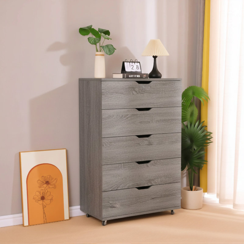 Commode 5 tiroirs avec poignées - Armoire de rangement moderne, Gris