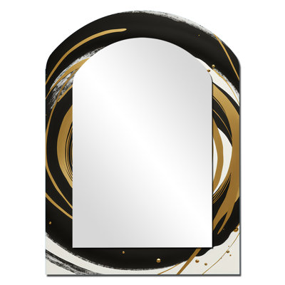 Noir, argent et or mélangeant des tourbillons III - miroir asymétrique spirales abstraites, miroir mural décoratif en arche noire, impression d'art en métal