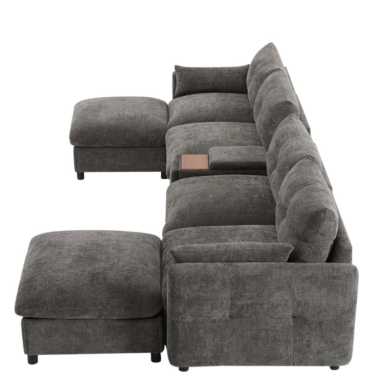 Modular Sectional Sofa with Movable Storage Ottoman and Console, Grey