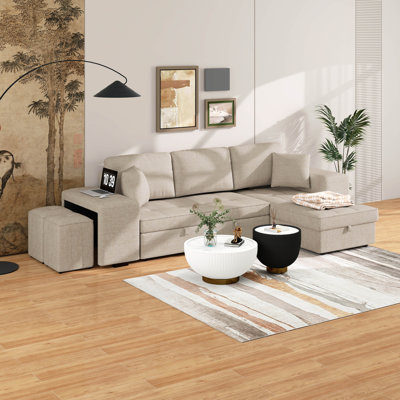 104.5" Convertible Sleeper Sectional Sofa Set, With Pull-Out Bed & Storage Chaise And 2 Stools, 3 Seat Reversible L Shape Couch