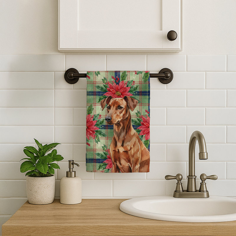 Red German Pinscher Christmas PoinsettIas Kitchen Towel, Red German Pinscher