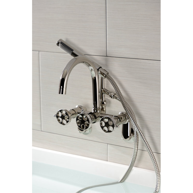 Kingston Brass Webb Three-Handle 2-Hole Adjustable Wall Mount Clawfoot Tub Faucet with Knurled Handle and Hand Shower, Gray