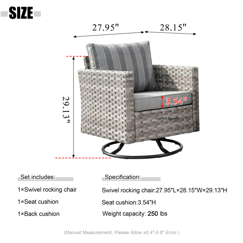 Chaise berçante d'extérieur en osier avec coussins Bobia, Rayure grise