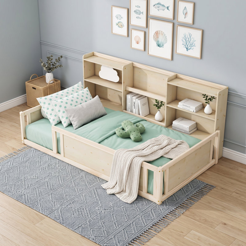 Lit plateforme en bois avec garde-corps double et tablettes de rangement intégrées, Twin, Natural