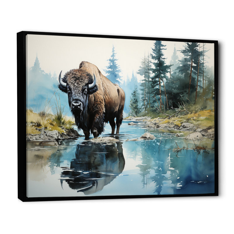 Bison Bison Reflections II - animaux, art mural, salon, H 34 po x l 44 po x P 1,5 po, Cadre flottant noir
