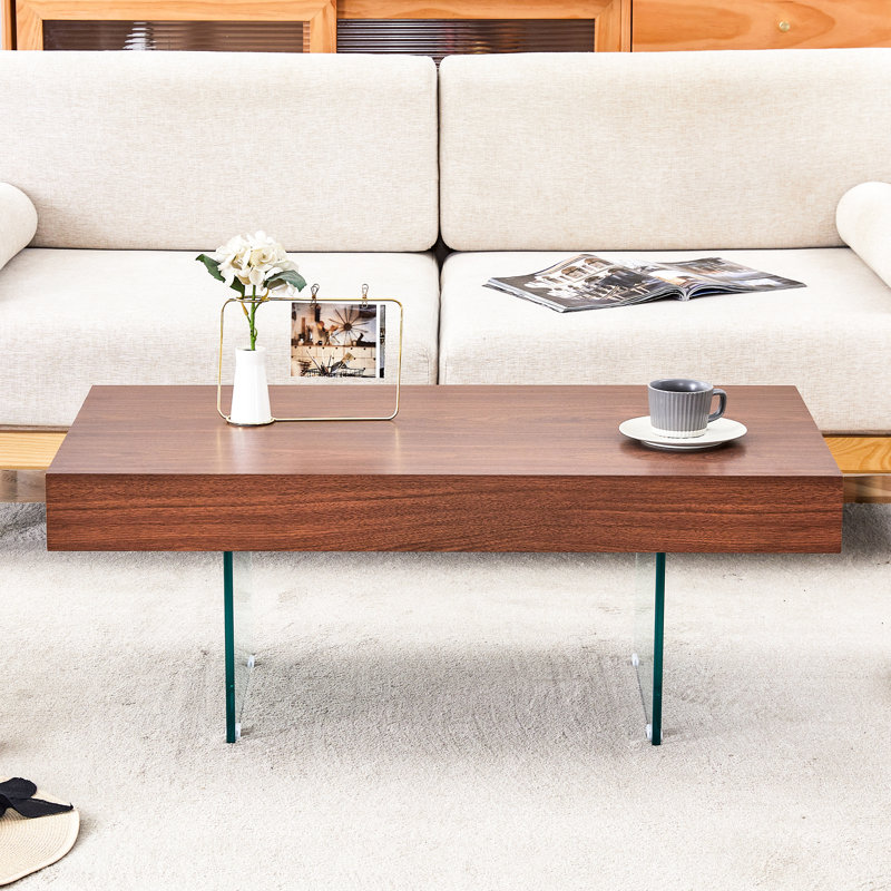 Table basse en panneau de fibres à densité moyenne Natural Style - 39,3 po x 21,6 po avec pieds en verre trempé., Noyer